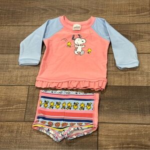 Hanna Andersson Baby Girl Snoopy Swimsuit Shirt Size 3-6 Months Pink Ruffle
